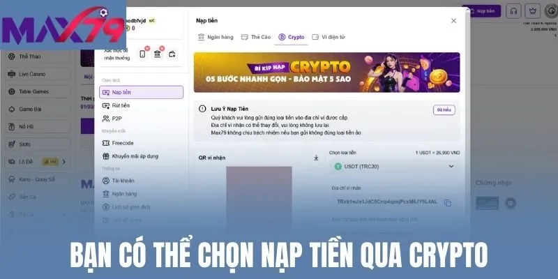 Bạn có thể chọn nạp tiền qua crypto